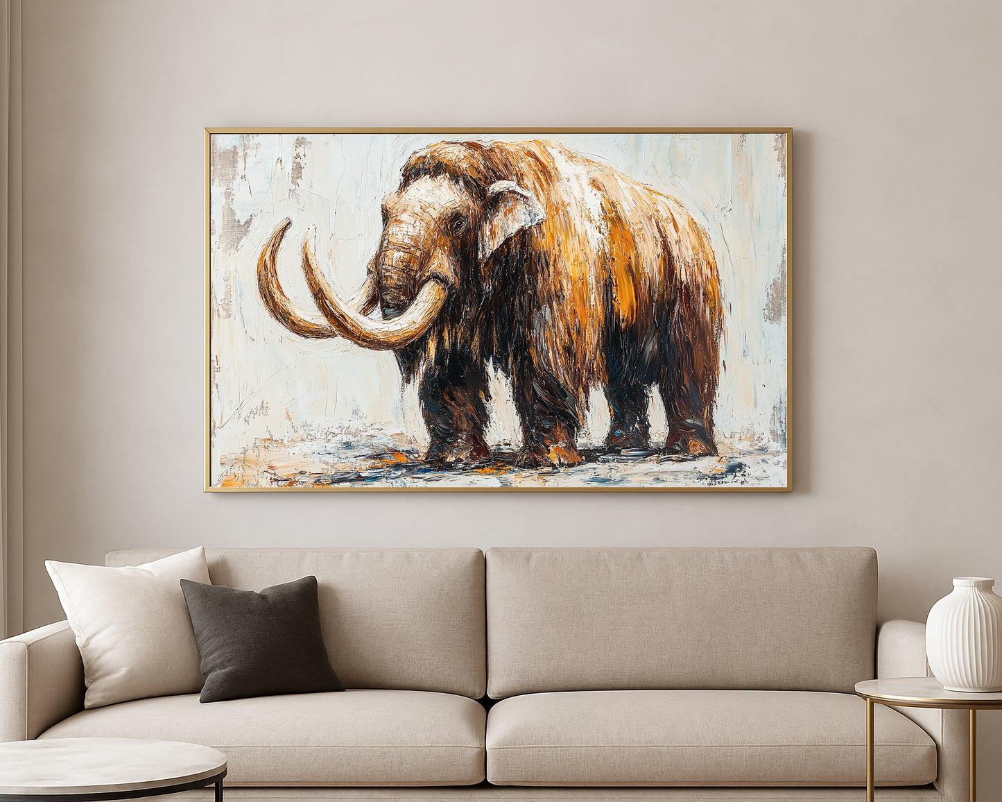 Full-body mammoth painting with dramatic tusks and thick fur, set against a soft abstract cream backdrop.