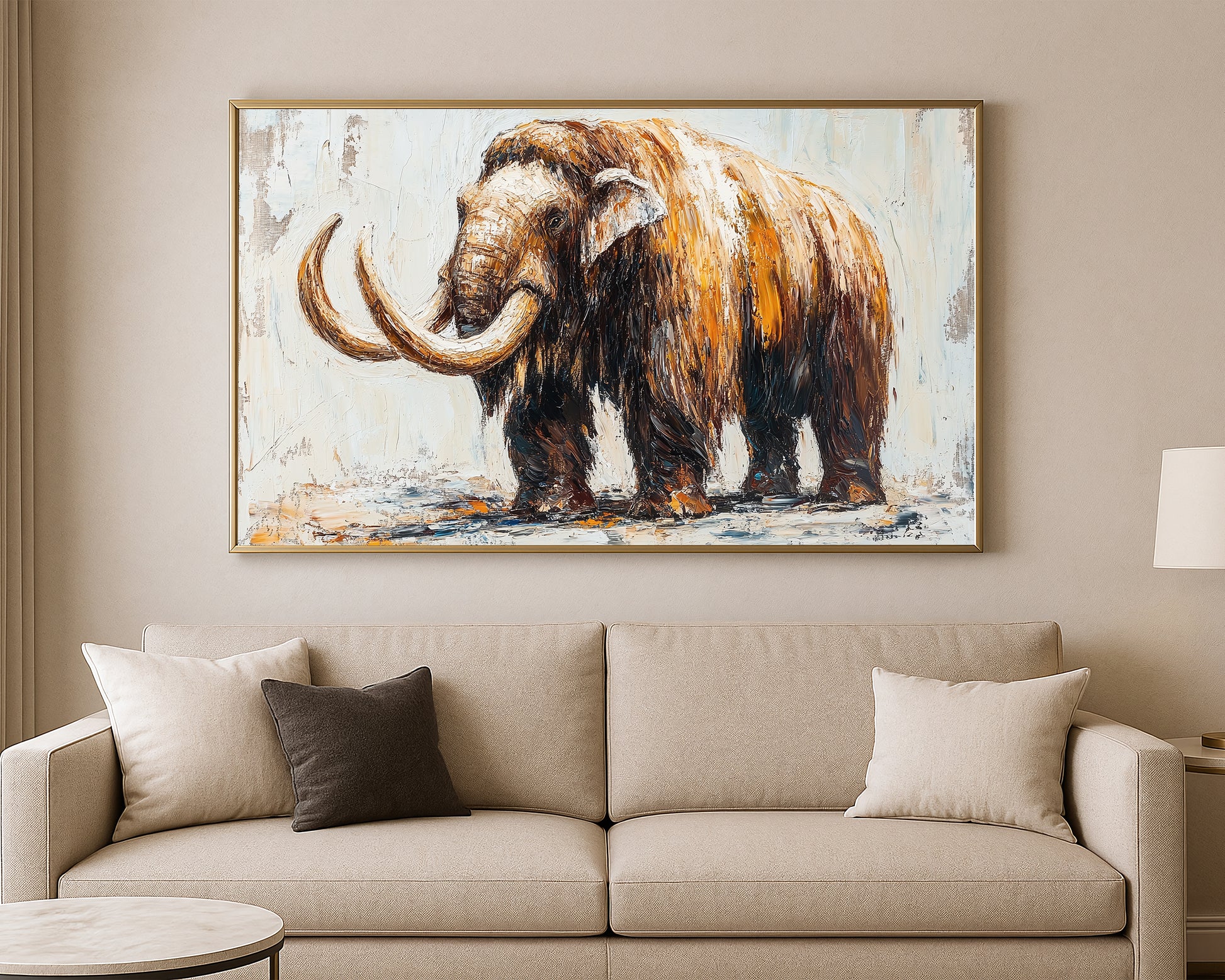 Animal artwork of a woolly mammoth painted in earthy brown, ivory, and amber tones with expressive brush texture.
