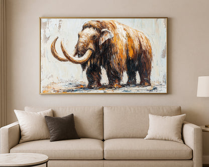 Animal artwork of a woolly mammoth painted in earthy brown, ivory, and amber tones with expressive brush texture.