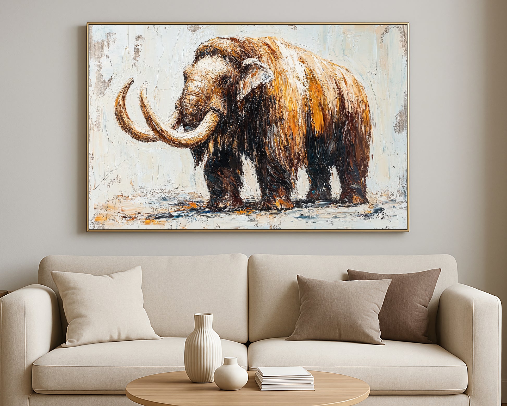 Prehistoric wildlife wall art featuring a standing mammoth in rich brown and golden tones on a light textured surface.