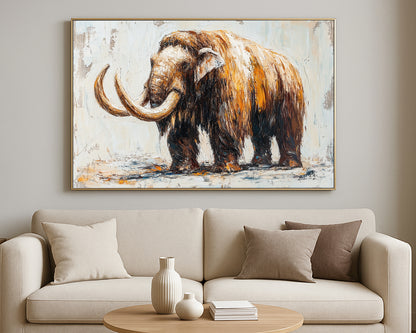 Prehistoric wildlife wall art featuring a standing mammoth in rich brown and golden tones on a light textured surface.
