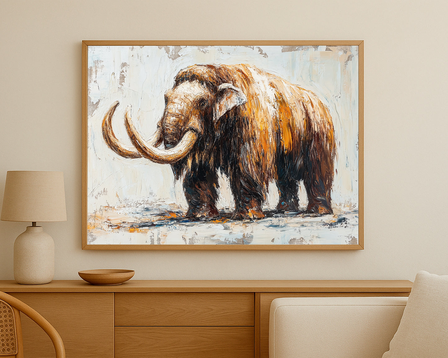 Rustic mammoth art print with layered painterly strokes, curved ivory tusks, and a warm neutral background.