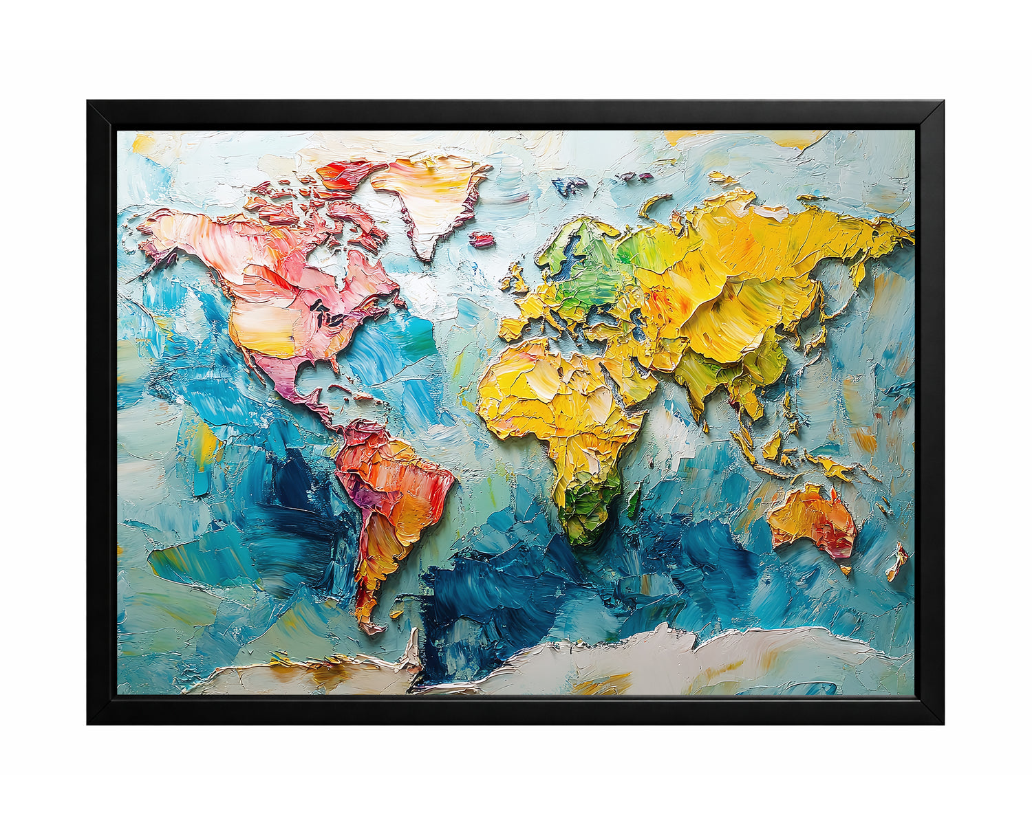 Colorful textured world map wall art with raised continents in yellow, pink, green, and orange over a blue ocean background.