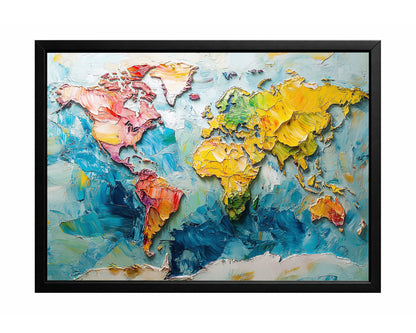 Colorful textured world map wall art with raised continents in yellow, pink, green, and orange over a blue ocean background.