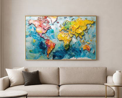 Abstract world map artwork featuring palette-knife style continents on a layered turquoise and blue textured surface.