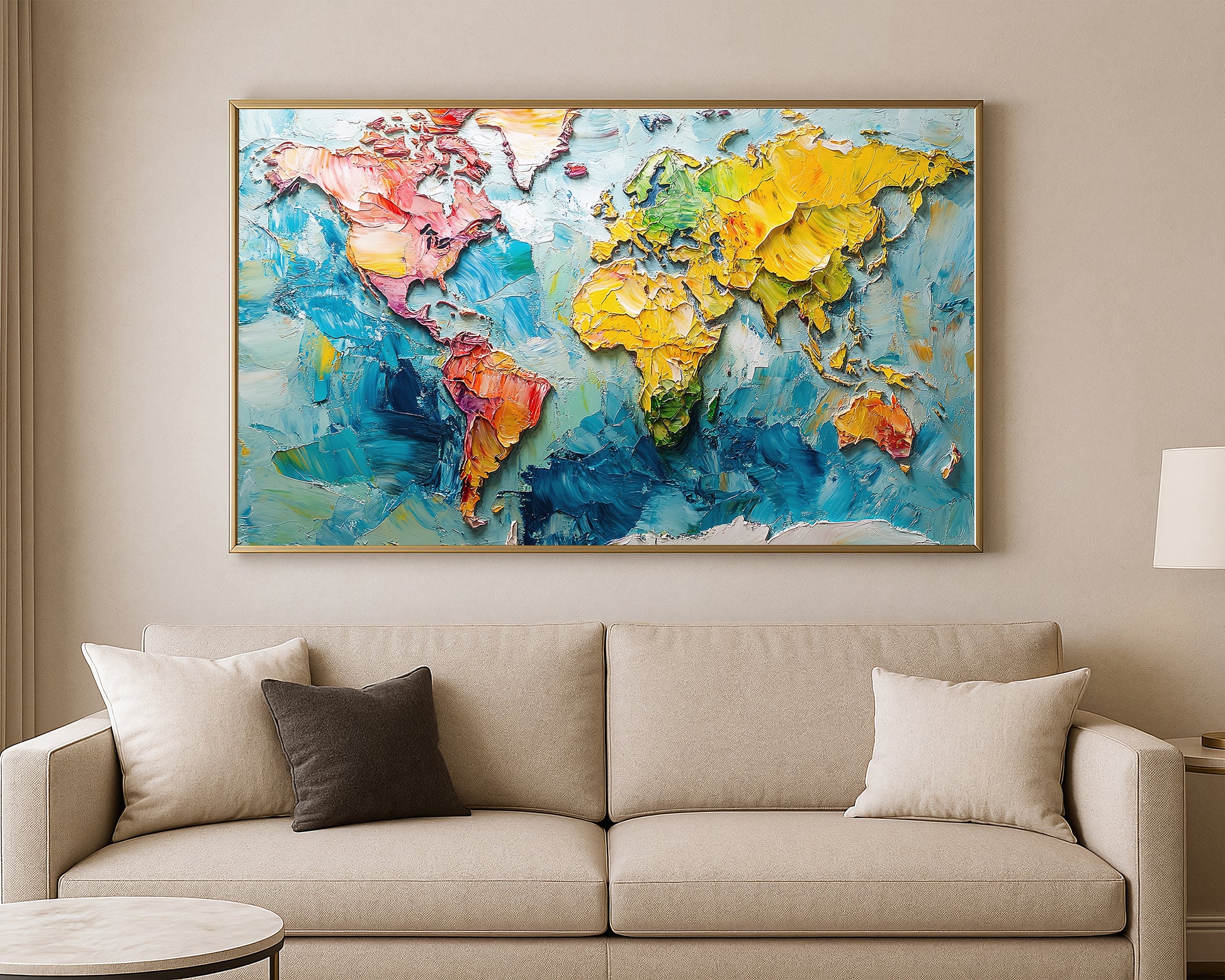 Modern map wall art with vivid multicolor continents and thick painterly texture across a bright blue background.