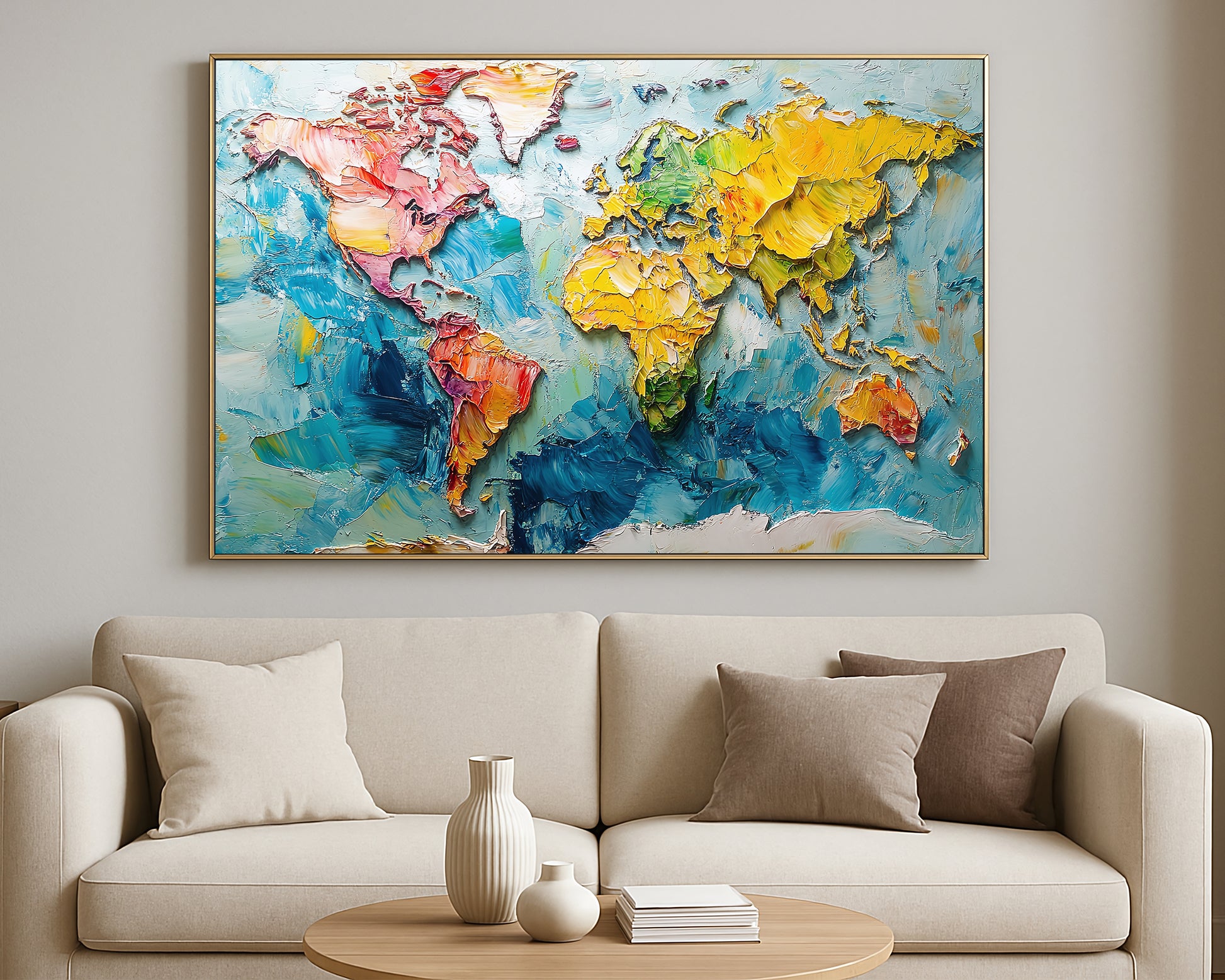 Decorative world map painting showing North and South America, Europe, Africa, Asia, and Australia in bold textured tones.
