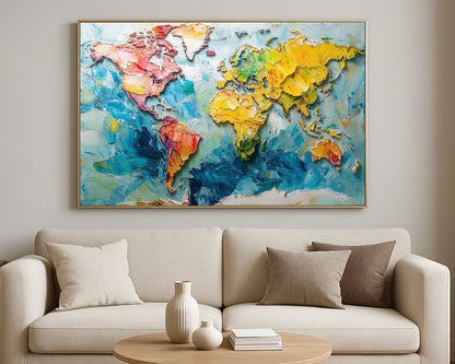 Decorative world map painting showing North and South America, Europe, Africa, Asia, and Australia in bold textured tones.