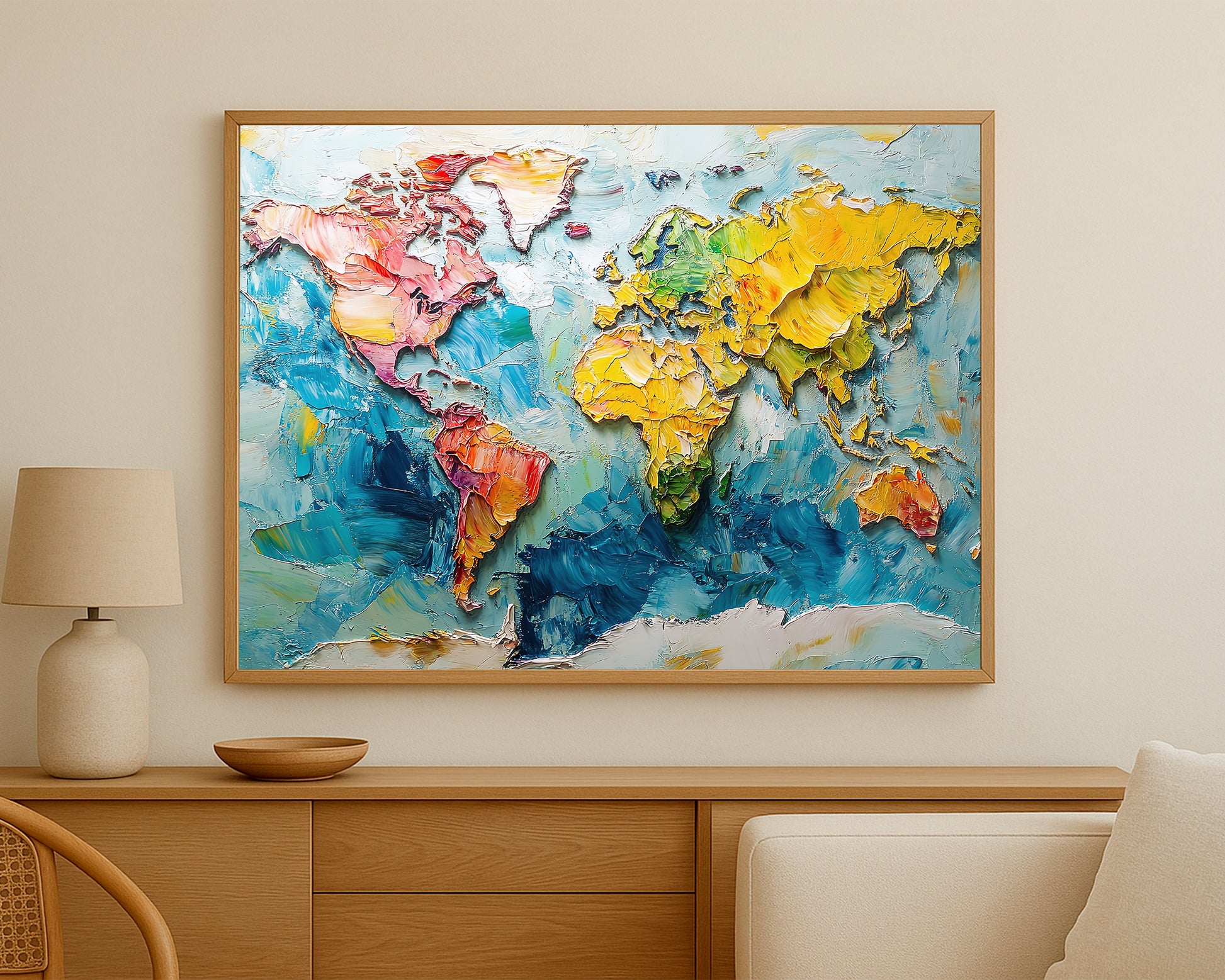 Textured global map art with sculpted continents in warm vibrant colors set against a cool blue abstract backdrop.