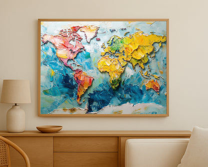 Textured global map art with sculpted continents in warm vibrant colors set against a cool blue abstract backdrop.
